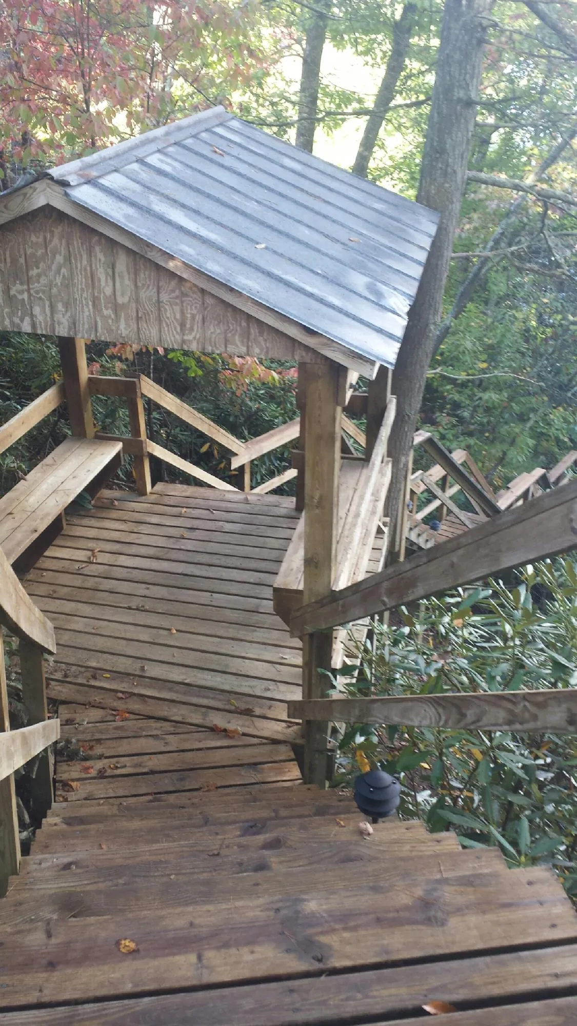Metal roofed shelter over wooden steps on a wooded walkway — Skylight Repair & Installation work by our crew in Spencerport